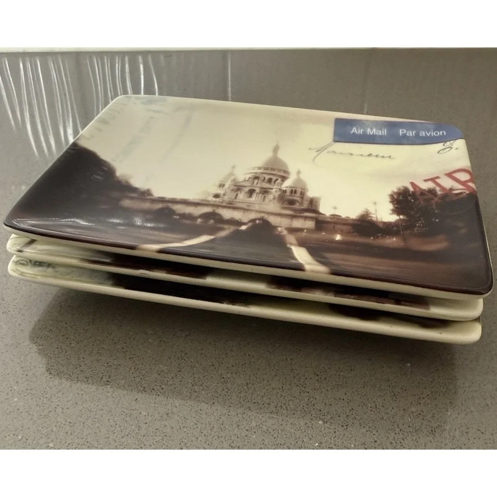 VTG Restoration Hardware Set 3 Paris Postcard Trinket Dish Appetizer Plate GUC